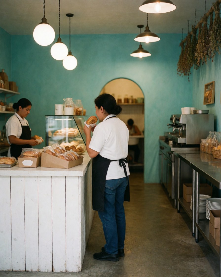 A satisfied customer enjoying a slice of cake in a bakery with turquoise walls and warm lighting