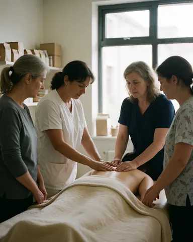 Four women therapists demonstrating massage techniques to a client in a professional spa setting