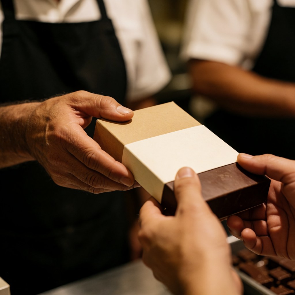 Seller's hand handing a chocolate box to a customer in a store, focusing on the exchange and packaging details.
