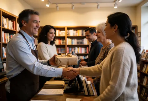A bookstore staff member hands a wrapped gift to a customer while shaking hands with bookshelves in the background