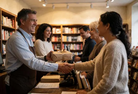 A bookstore staff member hands a wrapped gift to a customer while shaking hands with bookshelves in the background