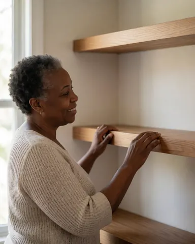 An older woman with curly hair looks satisfied while touching the edge of a newly installed wooden shelf in her home.