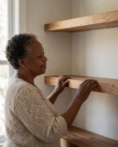An older woman with curly hair looks satisfied while touching the edge of a newly installed wooden shelf in her home.