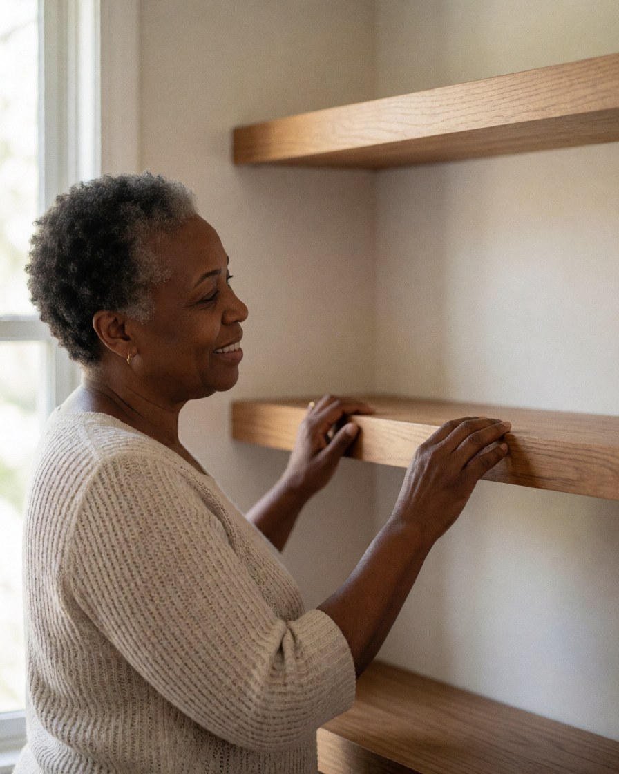 An older woman with curly hair looks satisfied while touching the edge of a newly installed wooden shelf in her home.