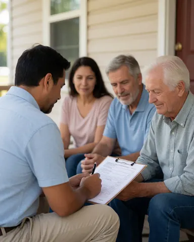 A young man reviews a document with an older client on a home porch, accompanied by two other adults in a natural setting
