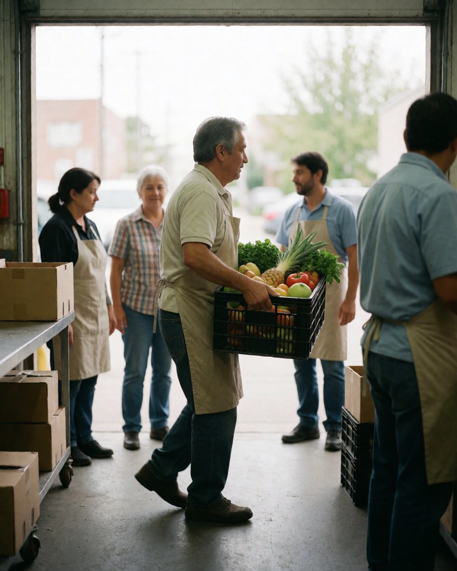 Catering workers transport a box of fresh fruits and vegetables in a warehouse with other employees in the background