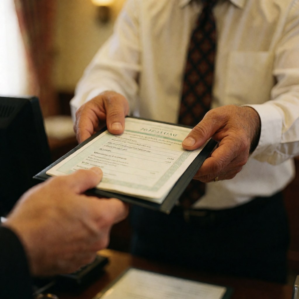 A travel agent hands a travel document to a client in an office, showing hands and torso in warm lighting
