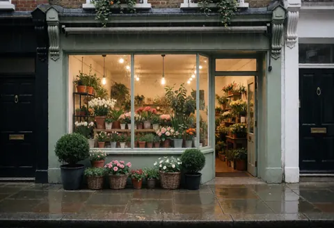 Exterior view of a flower shop storefront featuring a brightly lit window, potted plants, and wet pavement from rain