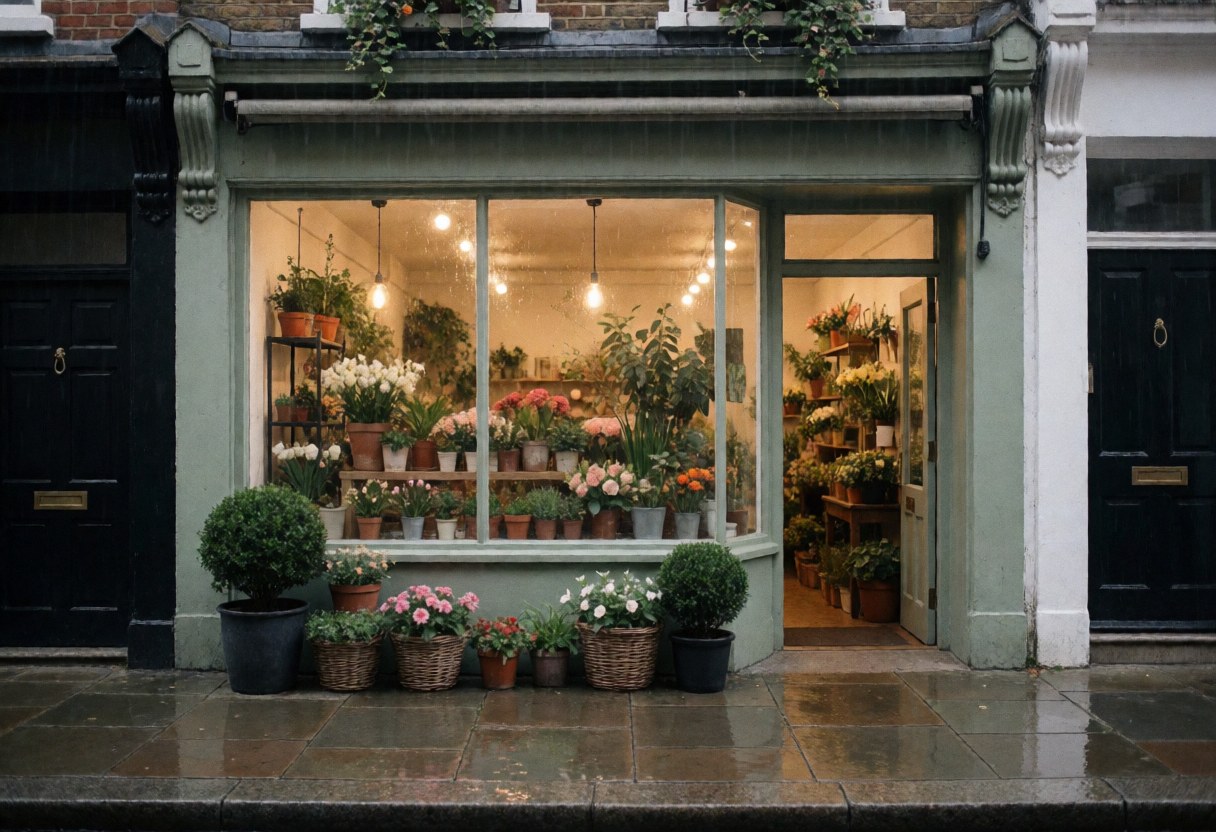 Exterior view of a flower shop storefront featuring a brightly lit window, potted plants, and wet pavement from rain