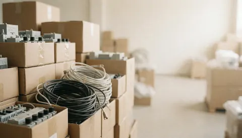 Piles of cardboard boxes containing electrical components and coiled wires in an industrial storage area with a blurred background