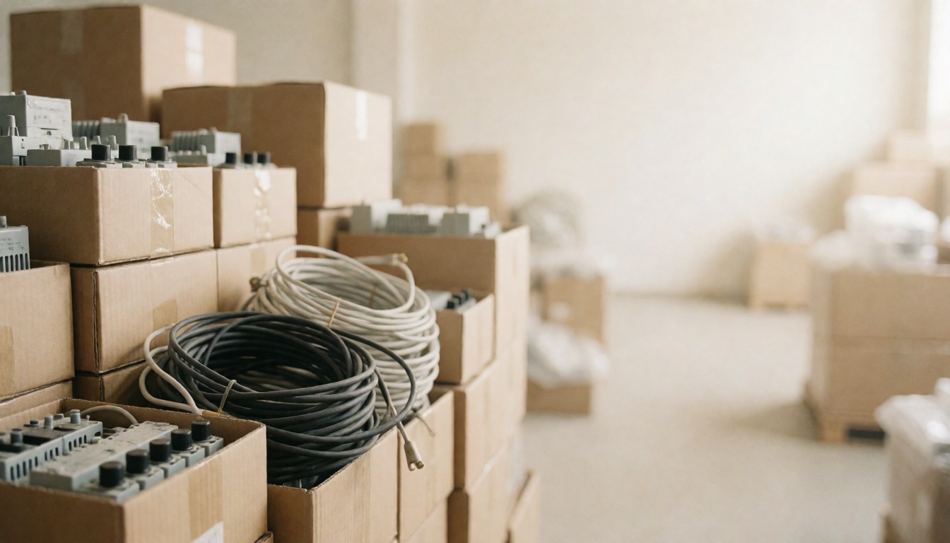 Piles of cardboard boxes containing electrical components and coiled wires in an industrial storage area with a blurred background