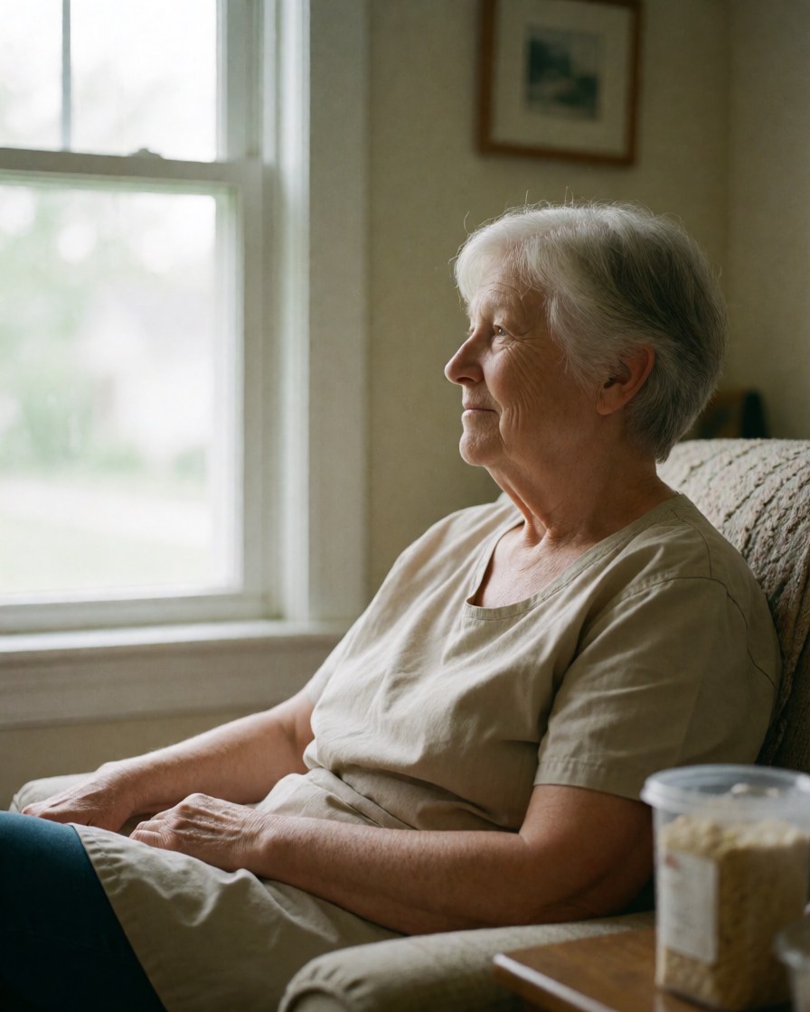 Senior woman with white hair sits in an armchair looking out a window with a serene expression while natural light fills the room