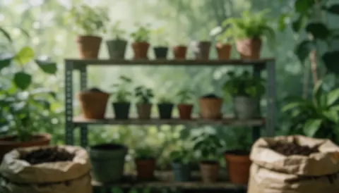 A gardening background featuring shelves with potted plants and bags of soil, suitable for text overlay with a natural and professional atmosphere.