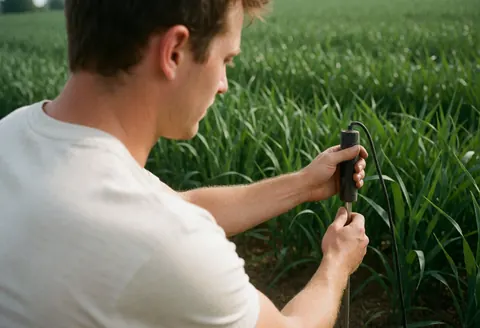 Young farmer using electronic tool to measure soil moisture in a green crop field under natural light