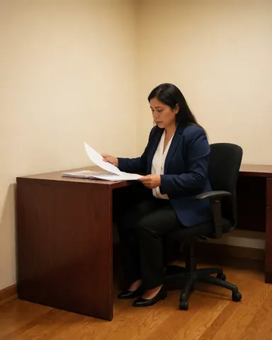 A Latina lawyer sits at a wooden desk reviewing papers with focus in a warmly lit office with cream walls and polished wood floors