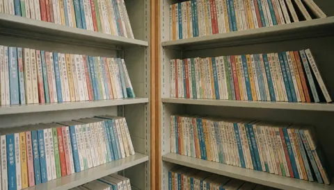 Shelves filled with driving theory books for students, serving as an educational background for text overlays.