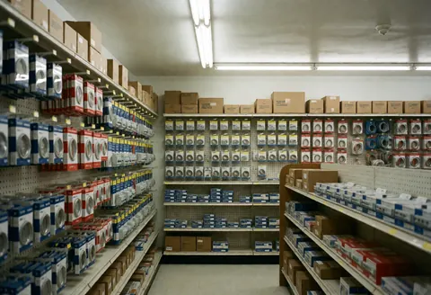 Interior of an empty electrical supply store featuring shelves stocked with wire boxes and switches under fluorescent lighting