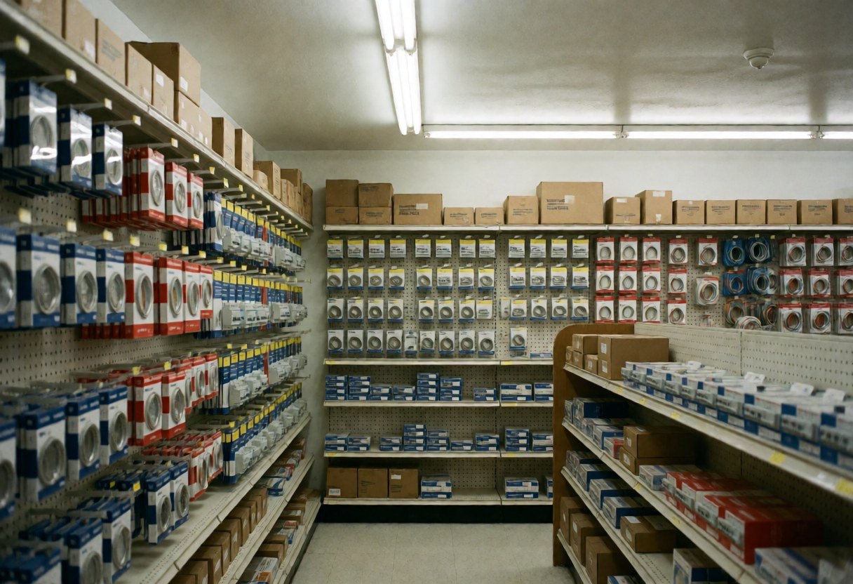Interior of an empty electrical supply store featuring shelves stocked with wire boxes and switches under fluorescent lighting