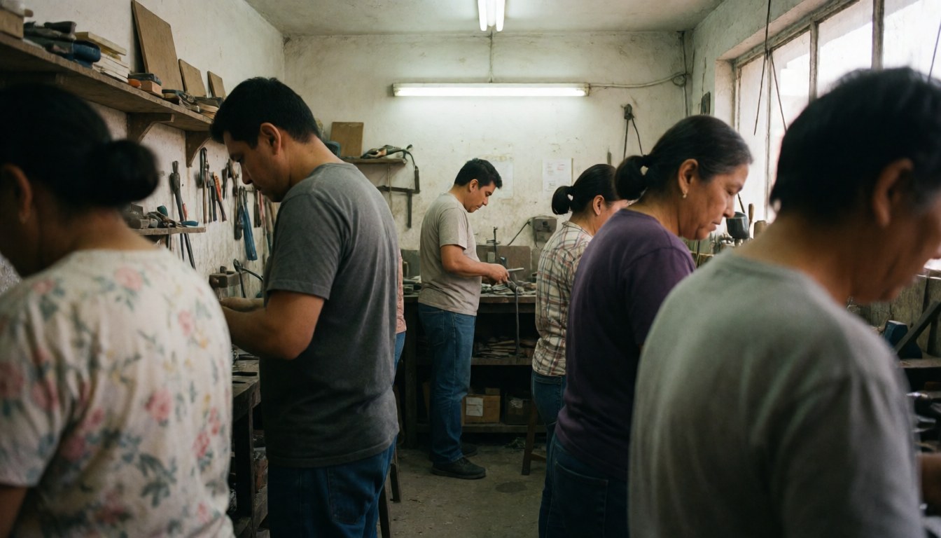 A group of artisans working in a spacious metal workshop with tools and machinery in a realistic setting