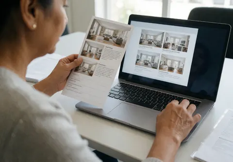 Senior woman examining property brochures and comparing images on her laptop in a bright office