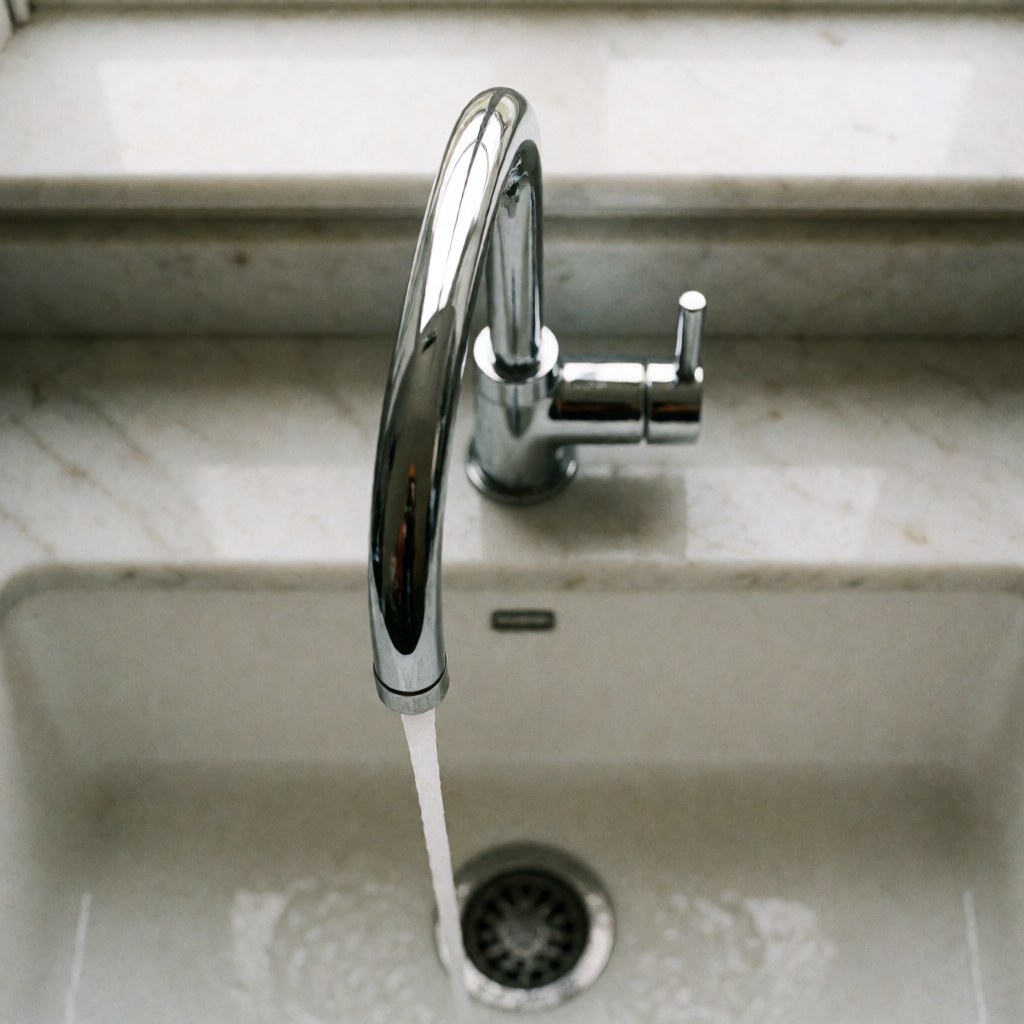 Modern kitchen sink with a shiny chrome faucet and flowing water on a polished white marble countertop