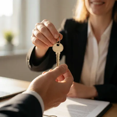 A woman in an office hands a property key to a client during a transaction with natural lighting and a professional atmosphere