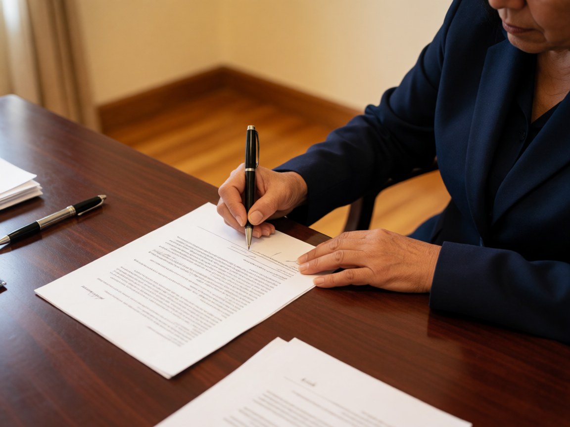 Female attorney in blue blazer signing a legal document with a pen on a wooden desk alongside other papers and a pen