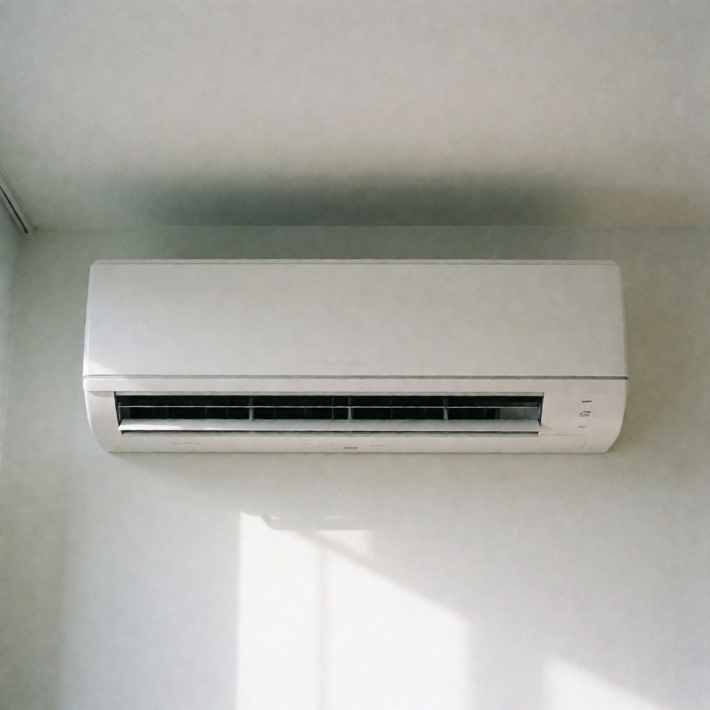 Modern white wall-mounted air conditioning unit with soft shadows and natural light, suitable for commercial HVAC applications