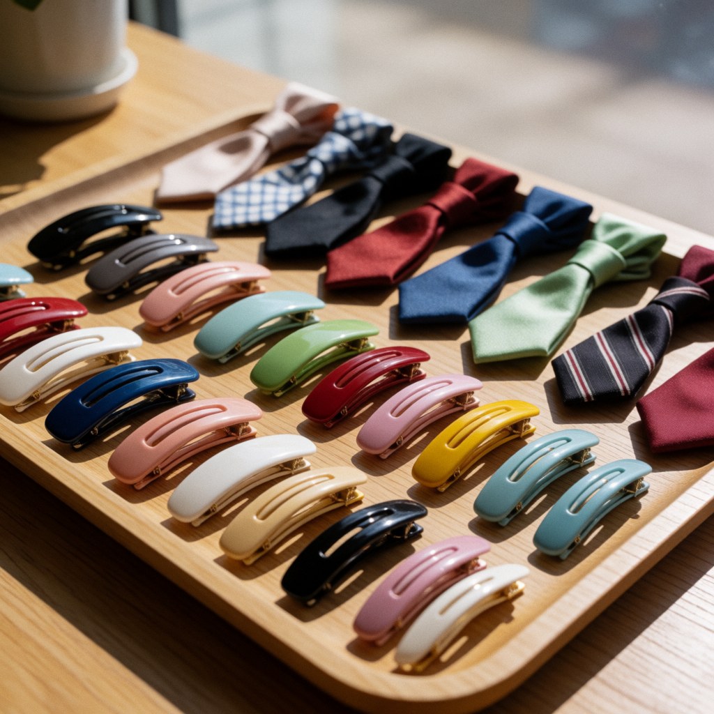 A wooden tray holding colorful hair clips and bows illuminated by natural light for salon use