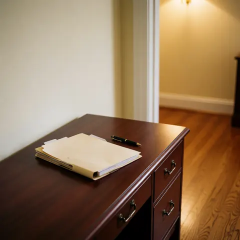 Black pen and document folder on polished wood desk with cream walls and wooden floor in professional office setting