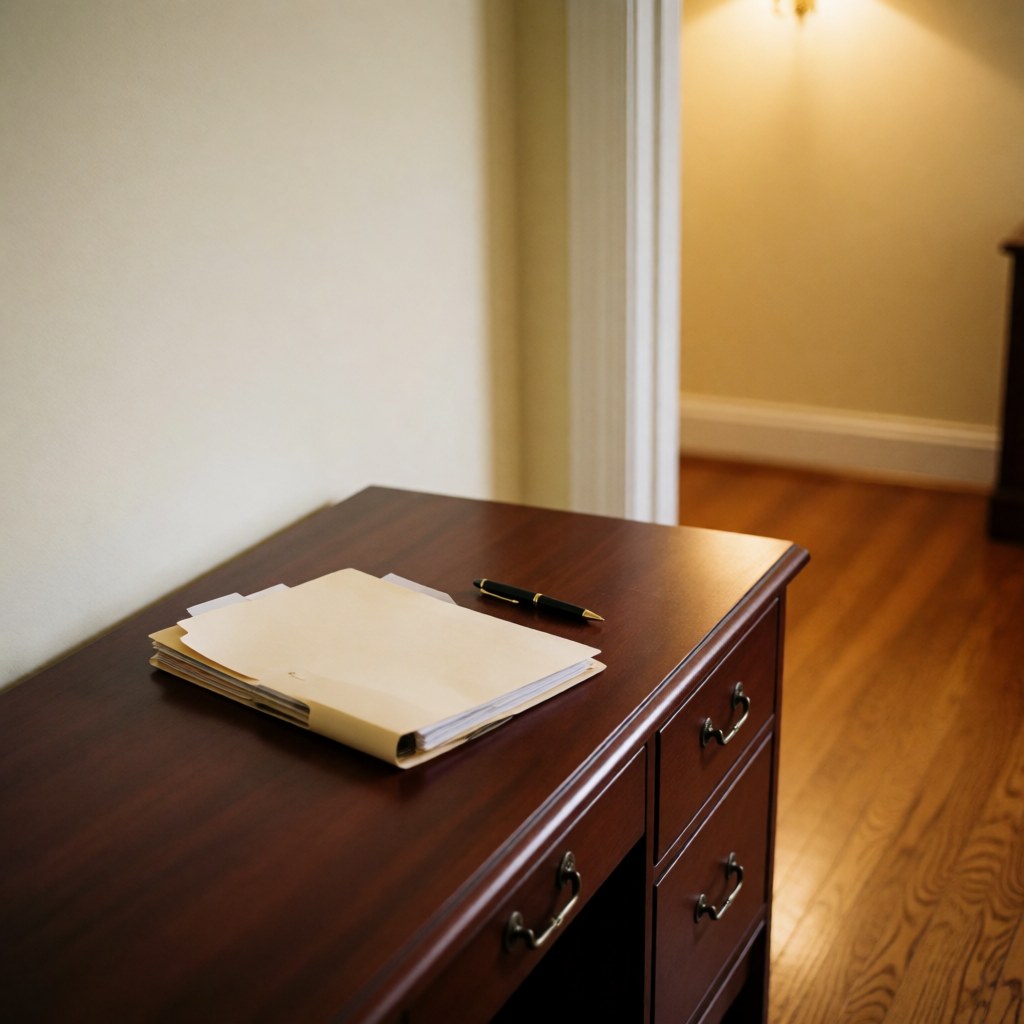 Black pen and document folder on polished wood desk with cream walls and wooden floor in professional office setting