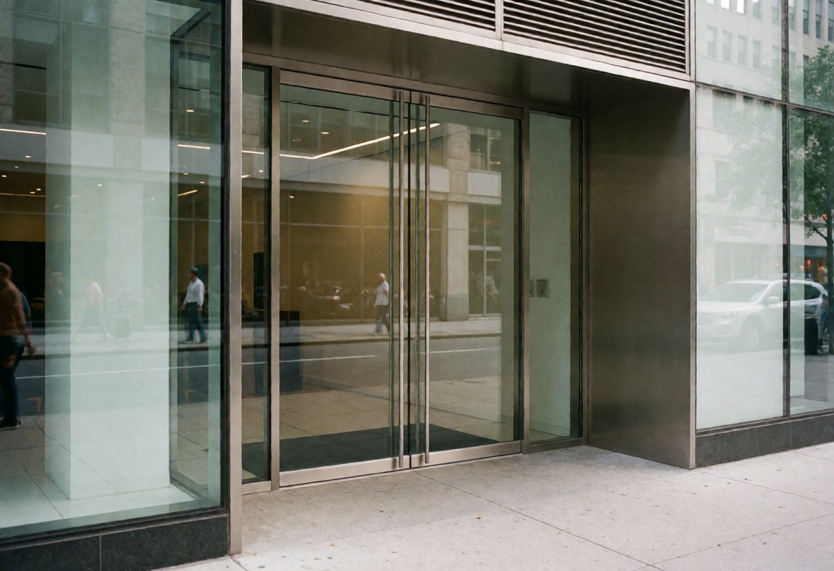 Glass entrance to a modern coworking space with street reflections and a professional atmosphere