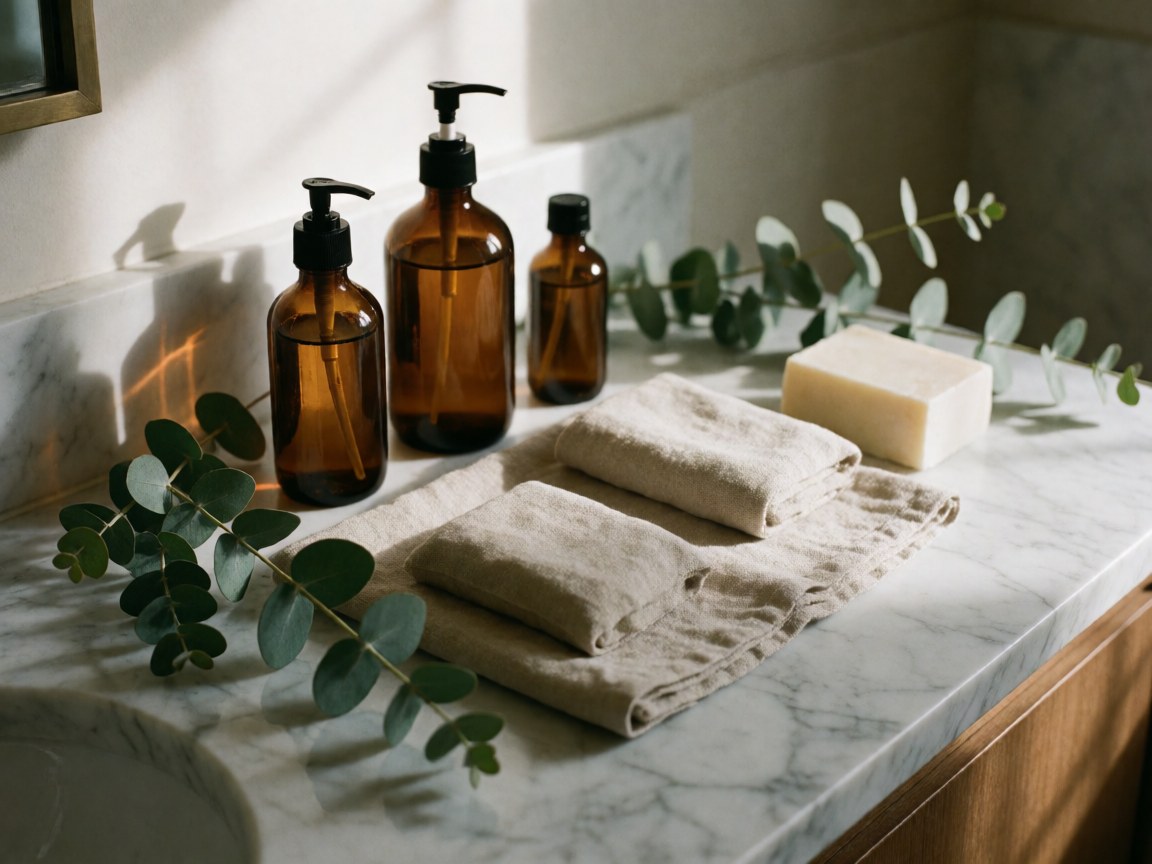 Glass bottles, folded towels, and fresh eucalyptus arranged in a marble hotel bathroom under natural light