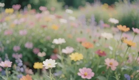 A field of wildflowers with pastel tones and a blurred background, ideal for community and nature themes.