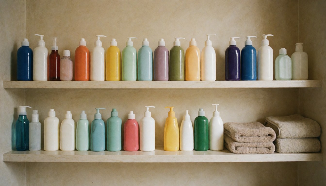 Shelf with dog care bottles and folded towels, soft background for dog grooming website