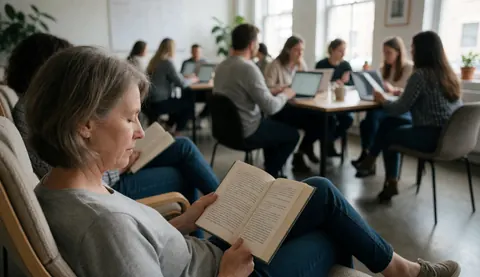 An older woman reading a book in a comfortable chair with colleagues working at desks in the background