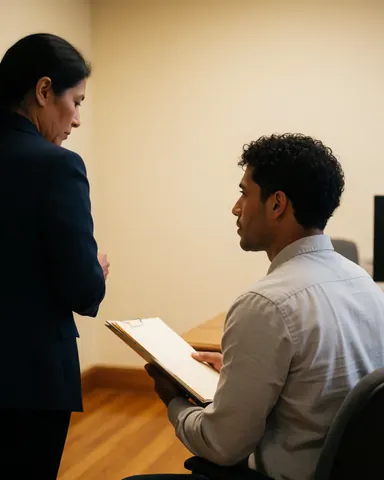 A seated man holding a folder speaks with a standing woman in an office during a legal consultation