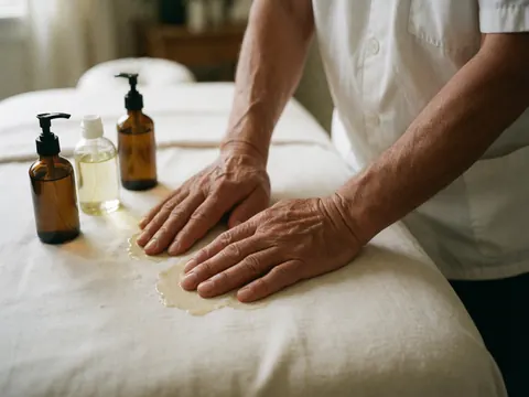 Close up of therapist hands applying organic oil to massage bed sheets with oil bottles nearby