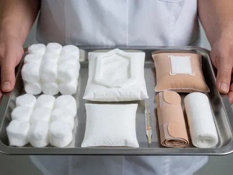 Metal tray holding cotton balls, bandages, antiseptic wipes, and a thermometer for medical clinic use