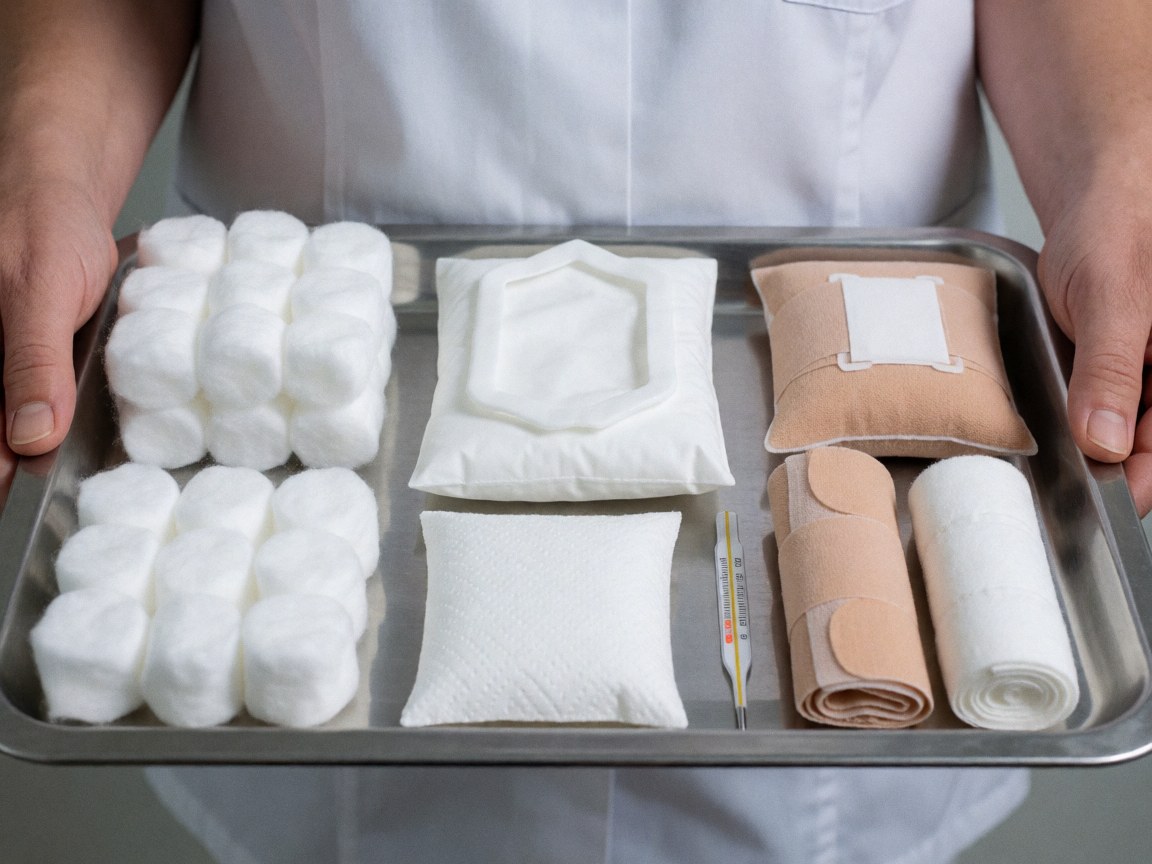 Metal tray holding cotton balls, bandages, antiseptic wipes, and a thermometer for medical clinic use