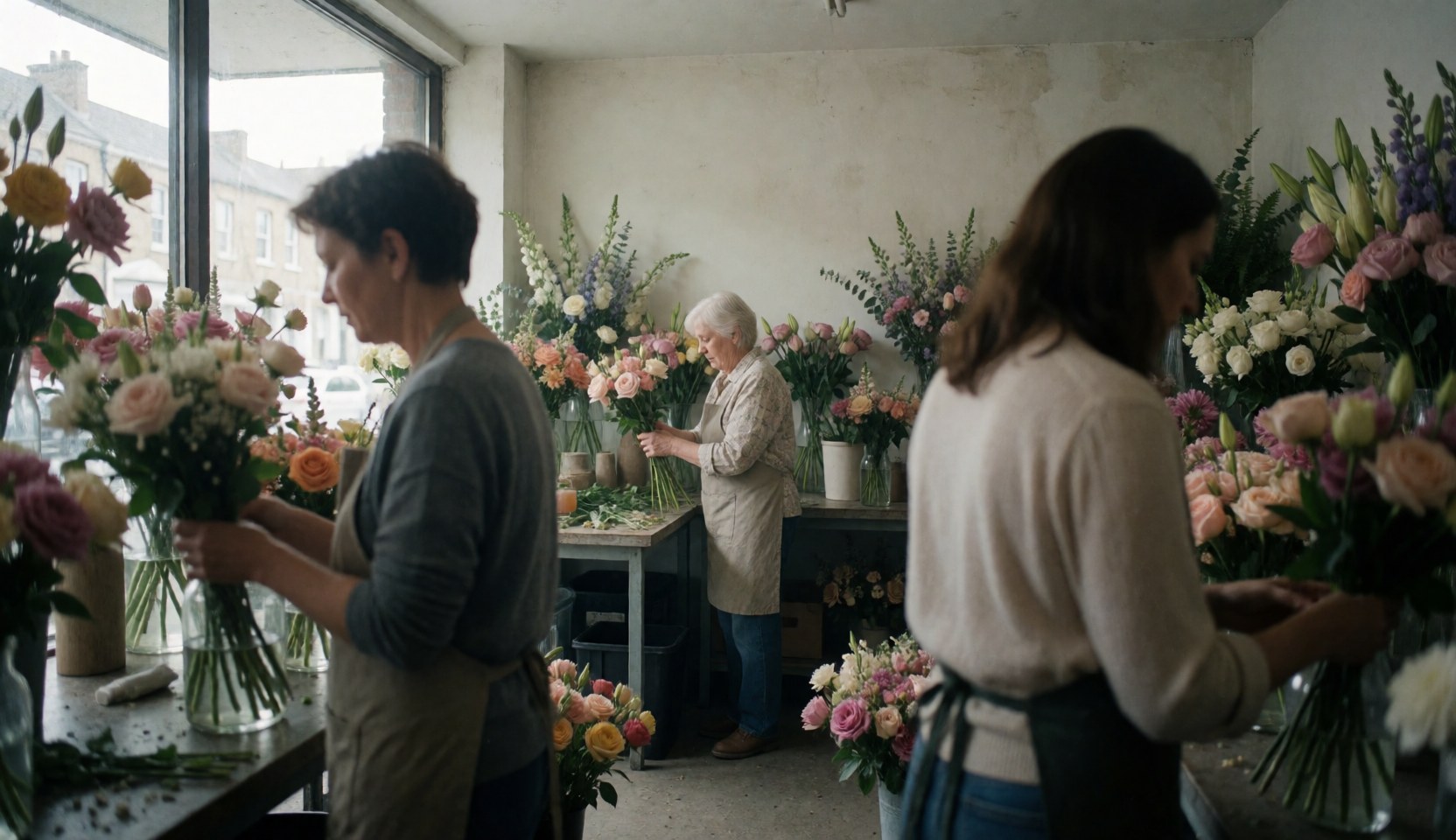 Three people working in a bright florist shop arranging floral bouquets near windows with natural light
