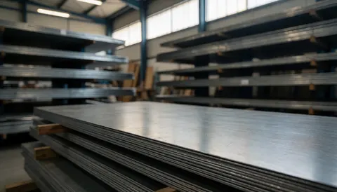 Piles of metal sheets stored in an industrial warehouse with shelves and natural lighting, providing a clean background for business text.