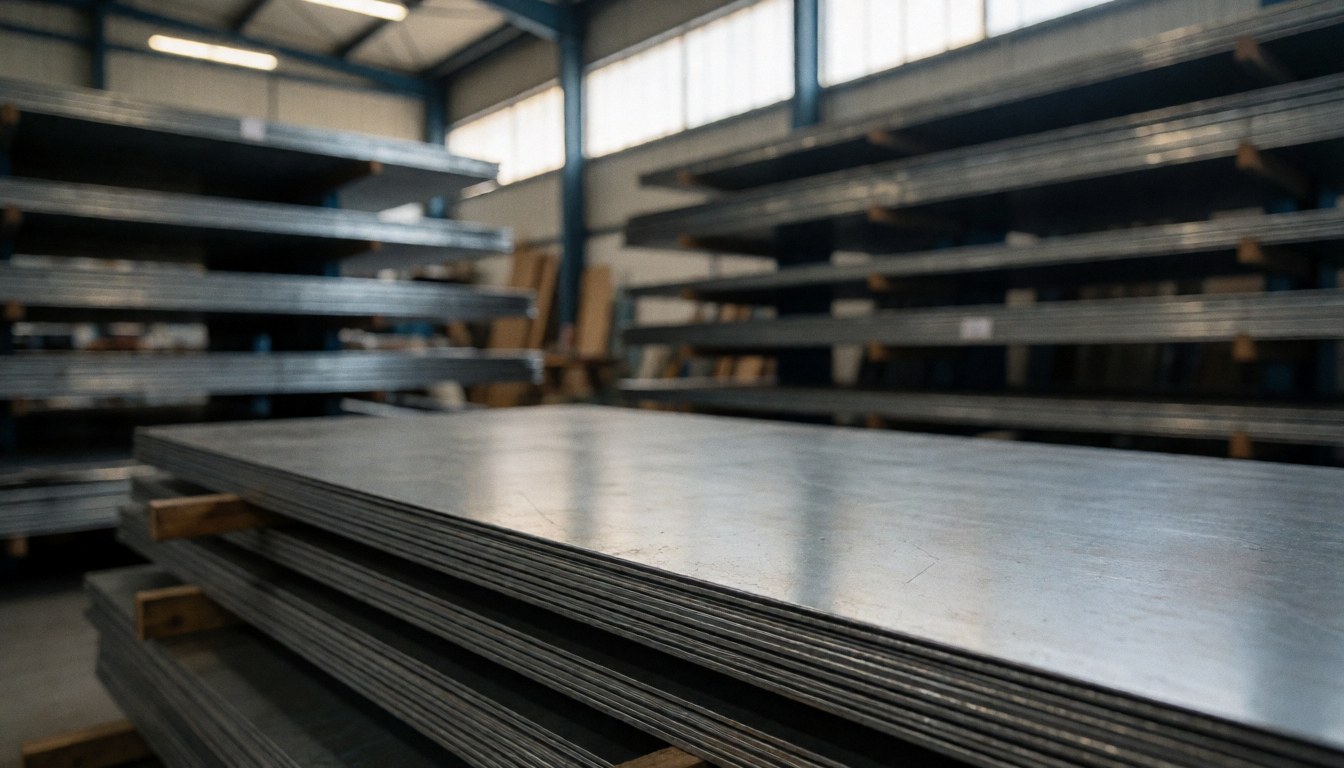 Piles of metal sheets stored in an industrial warehouse with shelves and natural lighting, providing a clean background for business text.