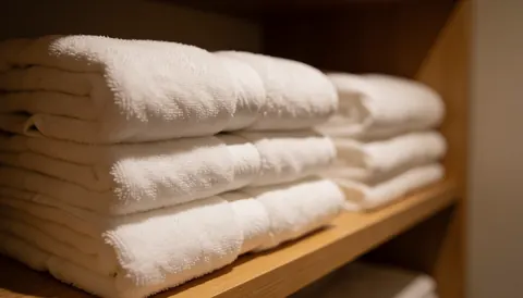 Stacked white towels on a wooden shelf with warm lighting and a blurred background for hotel service text