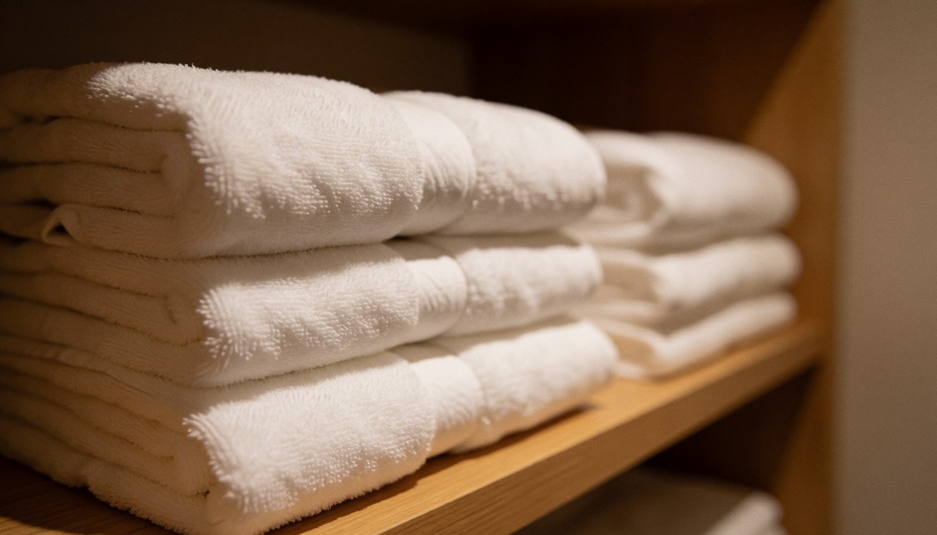 Stacked white towels on a wooden shelf with warm lighting and a blurred background for hotel service text