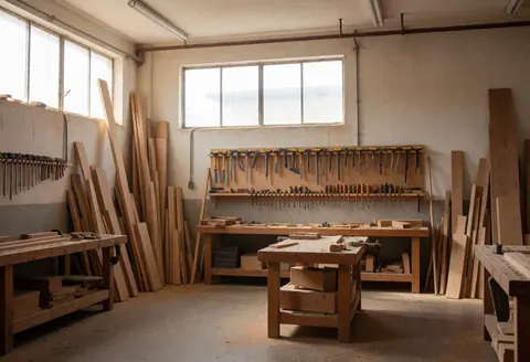 Empty carpentry workshop with hanging tools, wooden planks, and workbenches under morning natural light