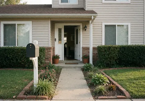 Clean residential driveway entrance featuring a stone walkway, mailbox, and well-maintained garden suitable for remote work settings