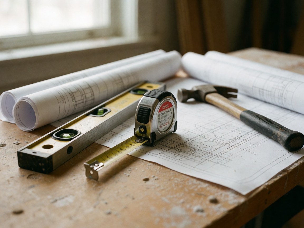 Tape measure, level, and hammer resting on architectural blueprints on a wooden table with dust, lit by natural window light.