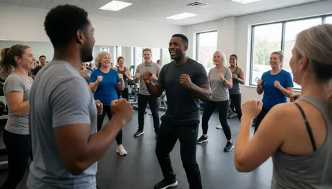 Diverse group of people exercising in a gym class led by a black instructor in an energetic and realistic setting
