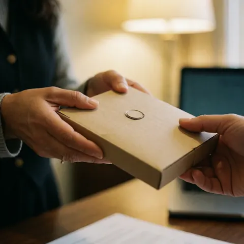 A hand holding a welcome box in a professional office setting with warm lighting